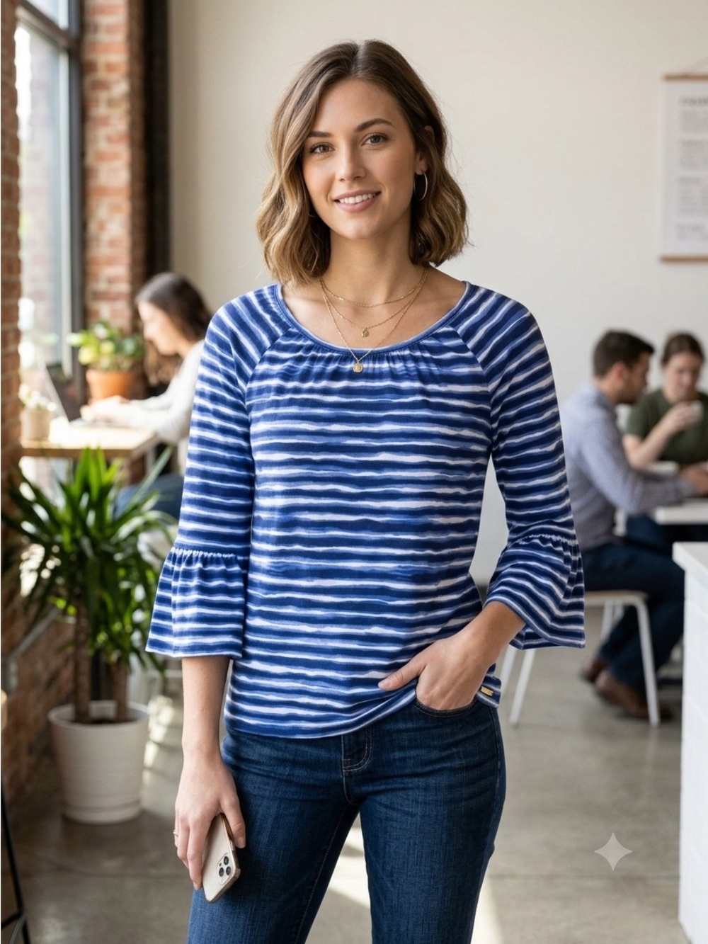Michael Kors Blue and White Striped Bell-Sleeve Top